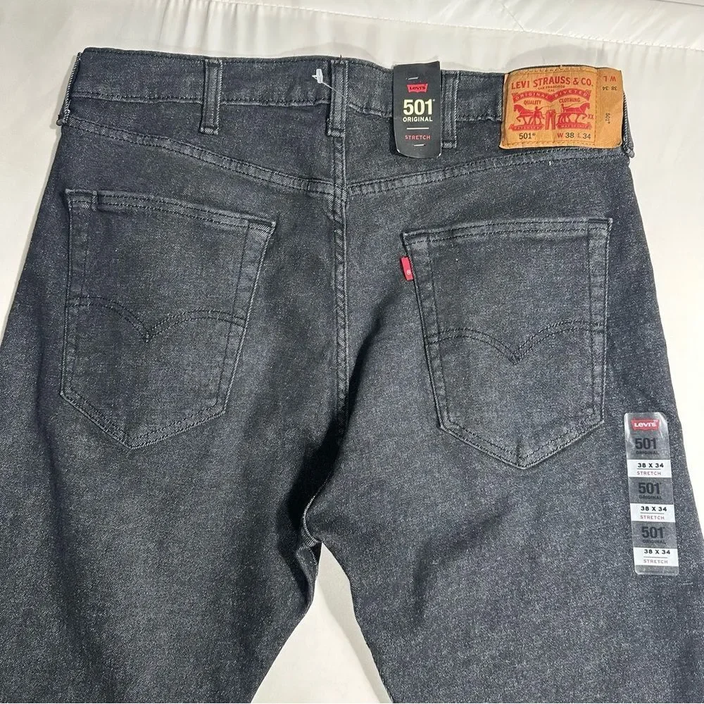 NWT Levi 501 Original Jeans Men 38x34 Faded Black Stretch Denim Button Fly